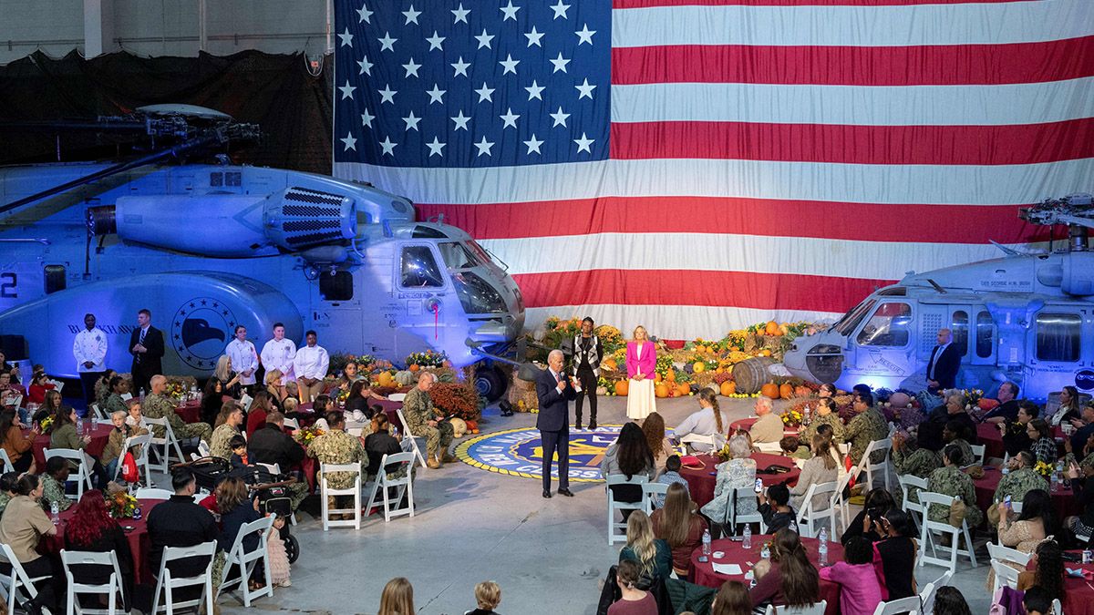 U.S. President Joe Biden speaks at a Friendsgiving dinner with service members and military families at Naval Station Norfolk in Norfolk, Virginia, on Nov. 19, 2023. (Photo by ROBERTO SCHMIDT/AFP via Getty Images) (ROBERTO SCHMIDT/AFP via Getty Images)