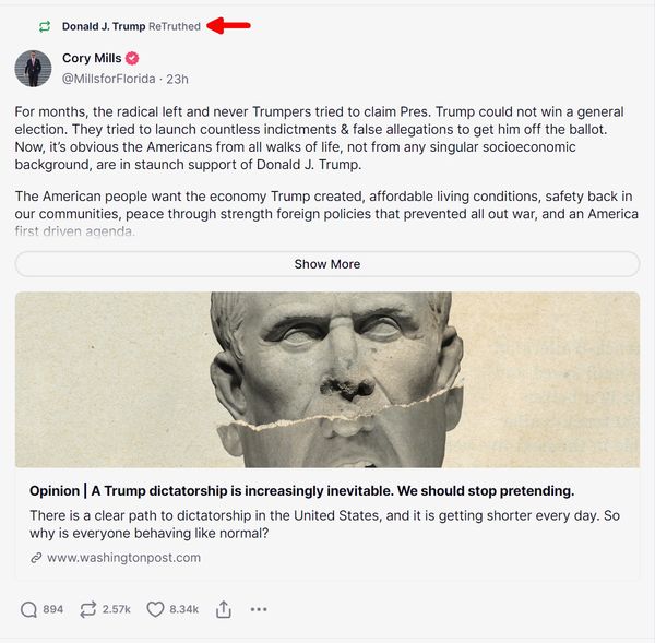 Trump shared a post linking to an article about an &quot;inevitable&quot; Trump dictatorship.